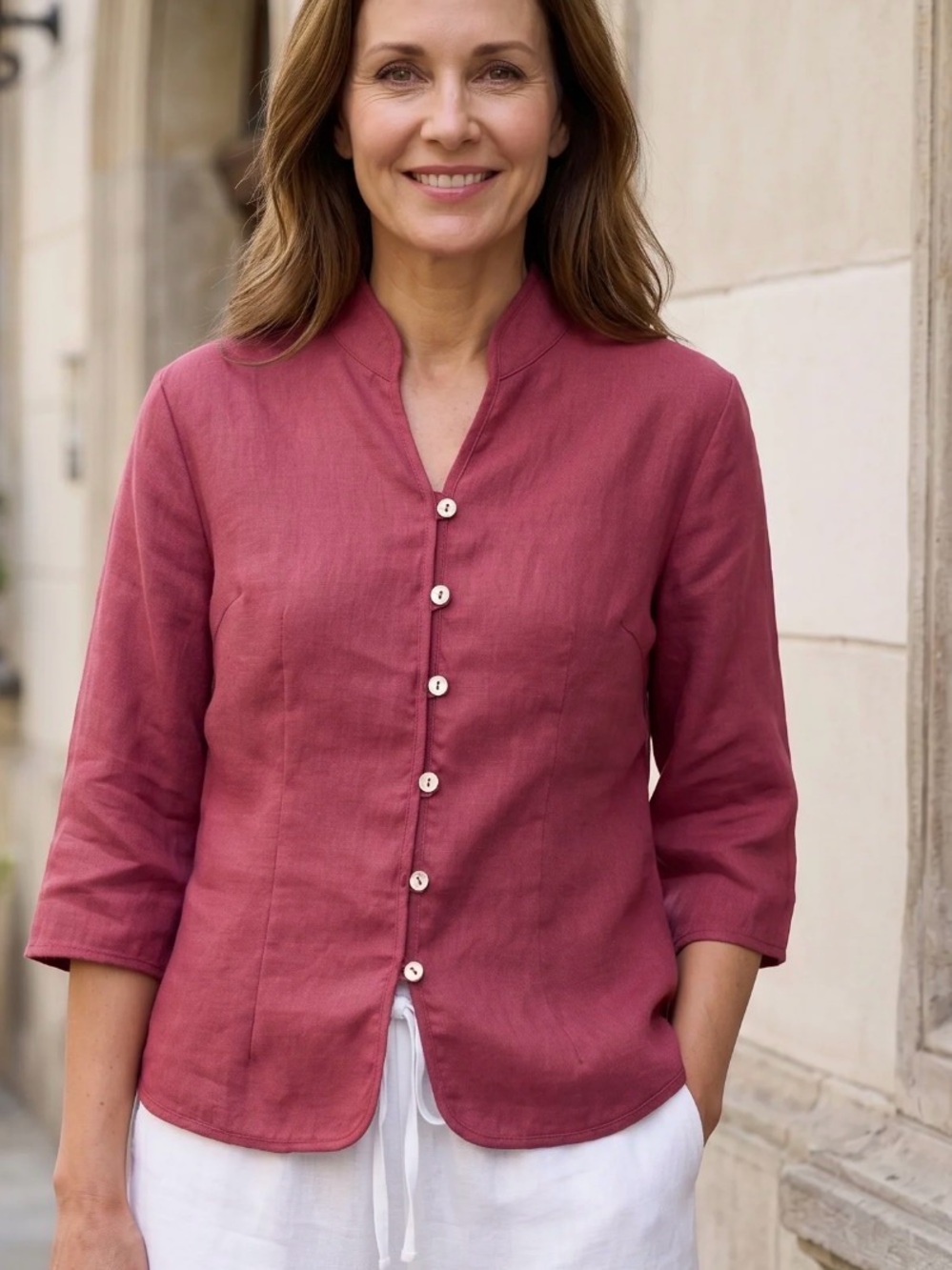 Womens Button-Front Mandarin Collar Top in Rose